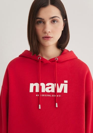  Mavi Mavi Logo Baskılı Kapüşonlu Kırmızı Sweatshirt 168334-35476