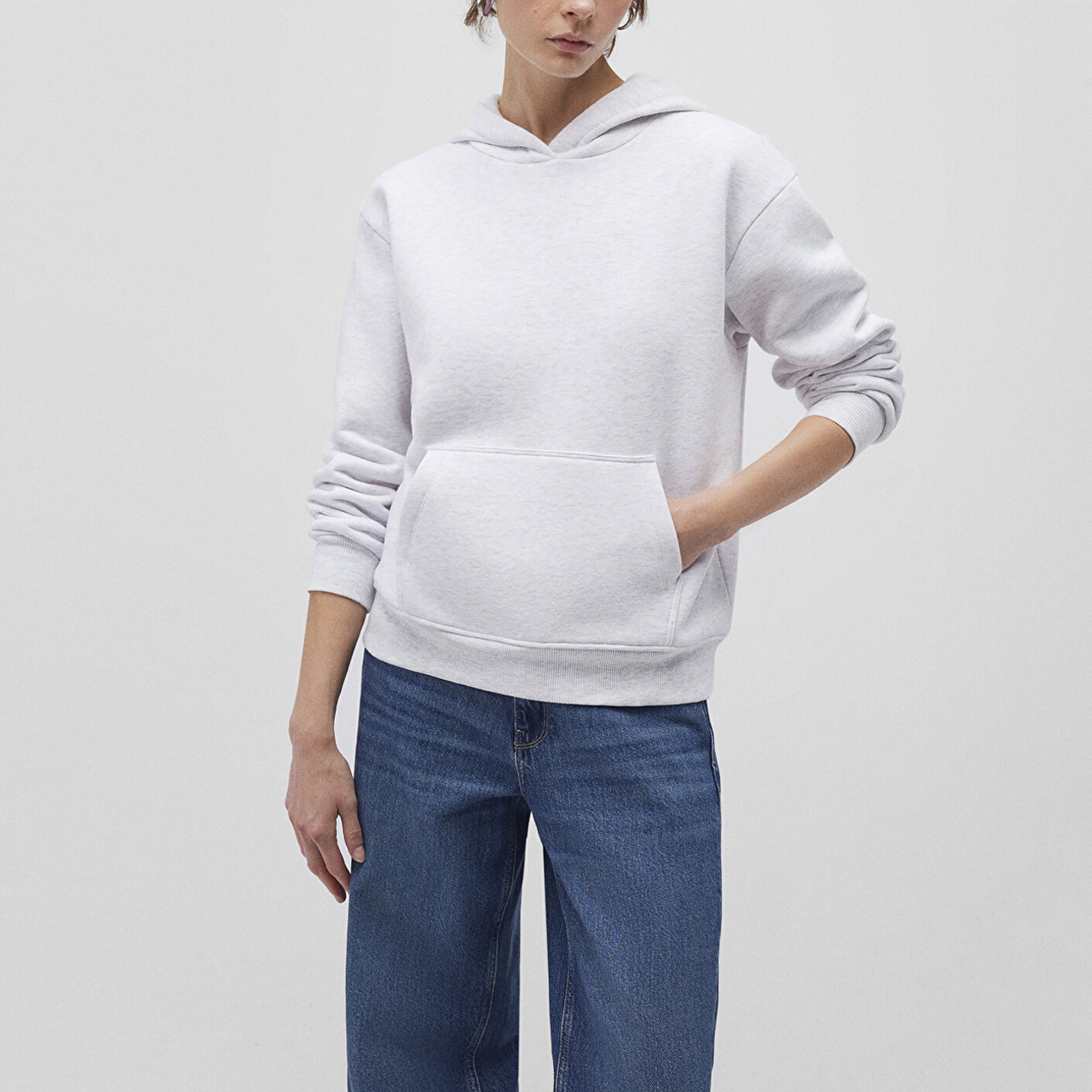 Mavi Kapüşonlu Açık Gri Basic Sweatshirt 167299-85438