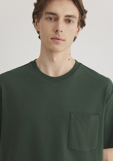  Mavi Cep Detaylı Yeşil Basic Tişört Loose Fit / Bol Rahat Kesim 066248-81570