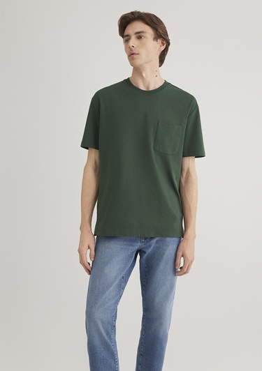  Mavi Cep Detaylı Yeşil Basic Tişört Loose Fit / Bol Rahat Kesim 066248-81570