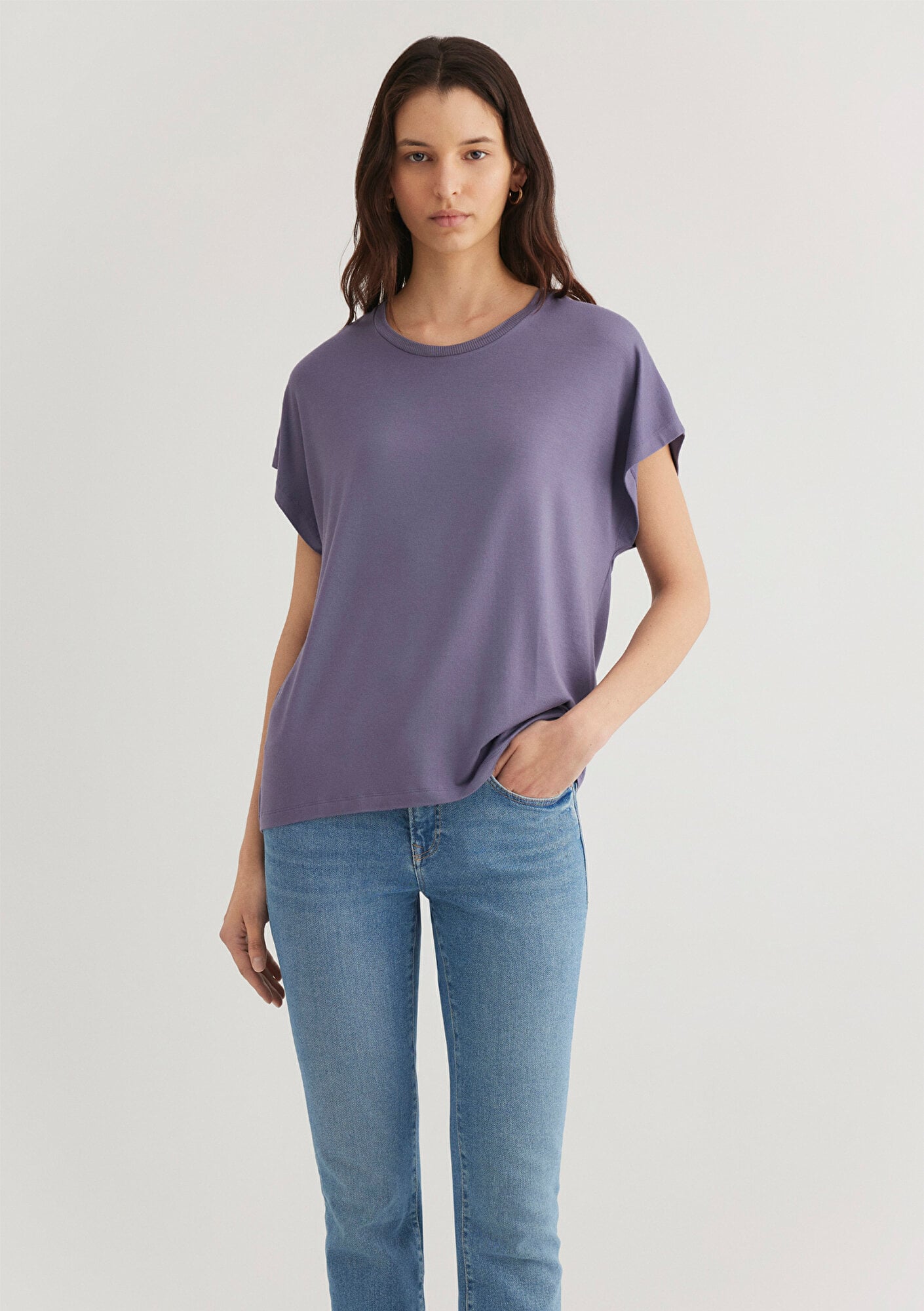  Mavi Düşük Omuz Mor Basic Tişört Regular Fit / Normal Kesim 1611649-70608