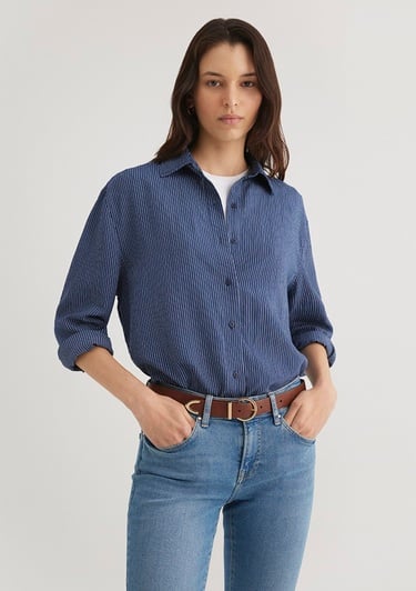  Mavi Çizgili Lacivert Gömlek Loose Fit / Bol Rahat Kesim 1210683-80736