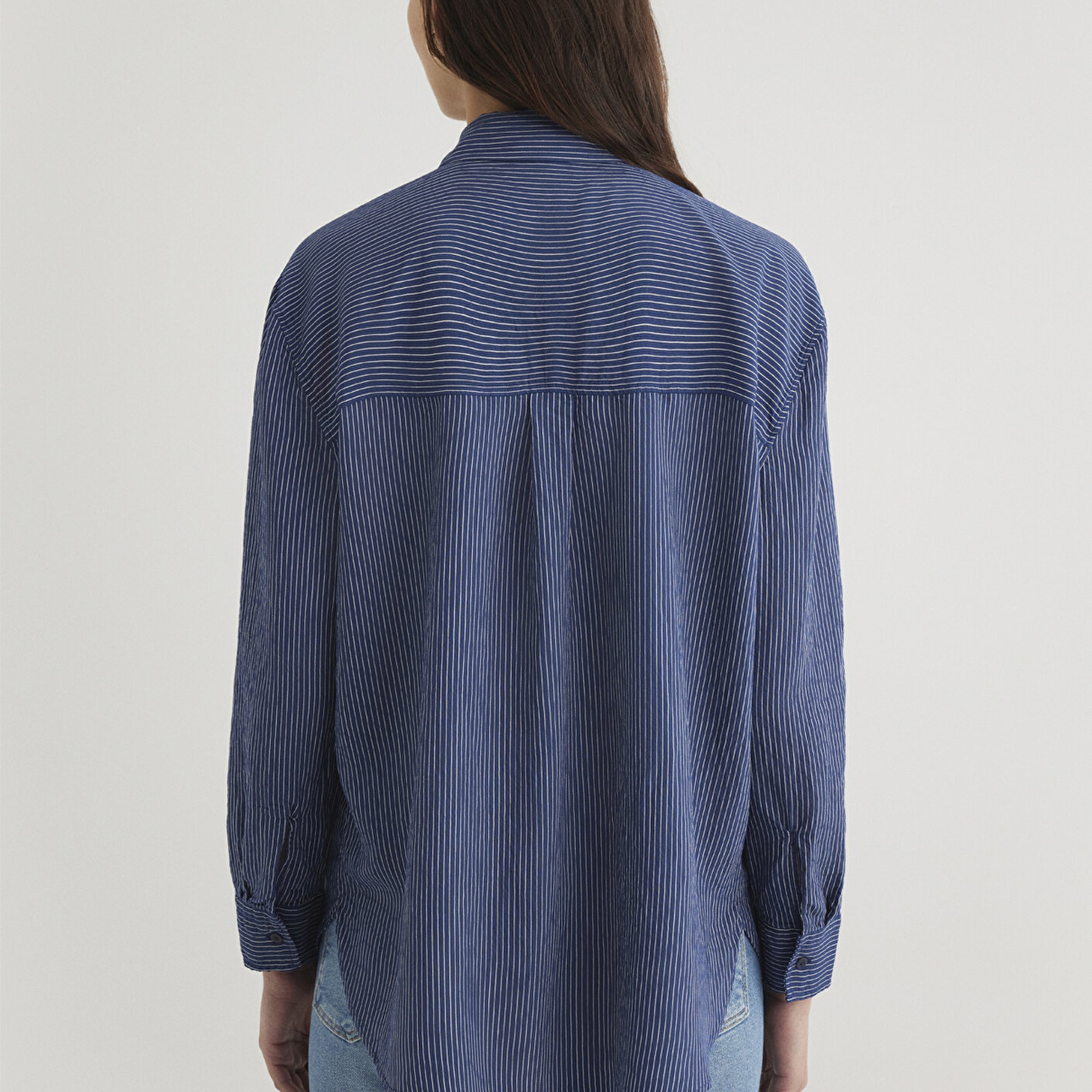 Mavi Çizgili Lacivert Gömlek Loose Fit / Bol Rahat Kesim 1210683-80736