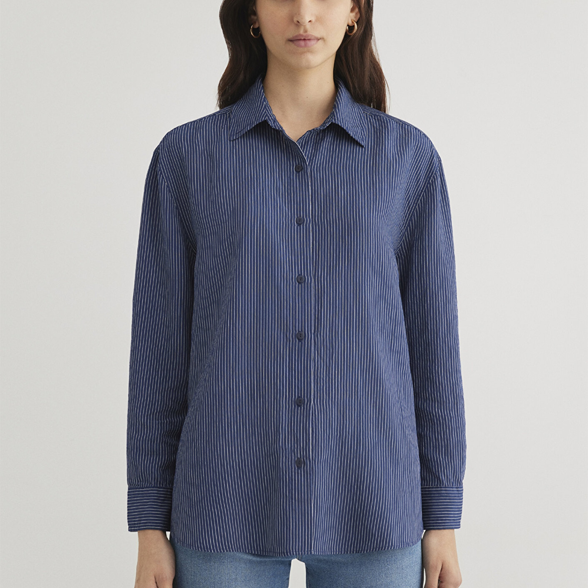 Mavi Çizgili Lacivert Gömlek Loose Fit / Bol Rahat Kesim 1210683-80736