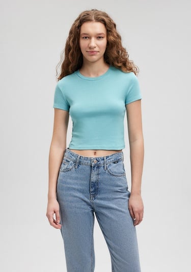  Mavi Yeşil Basic Tişört Crop / Kısa Kesim 1600814-71463