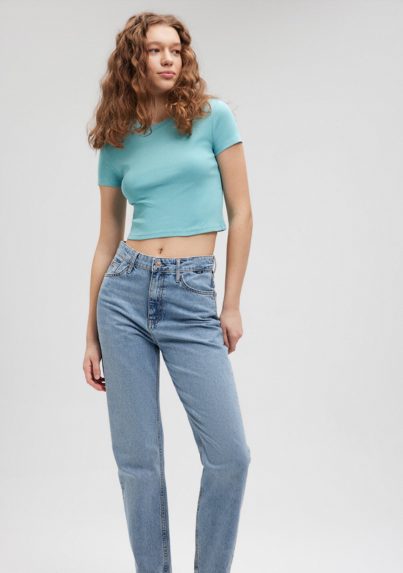  Mavi Yeşil Basic Tişört Crop / Kısa Kesim 1600814-71463