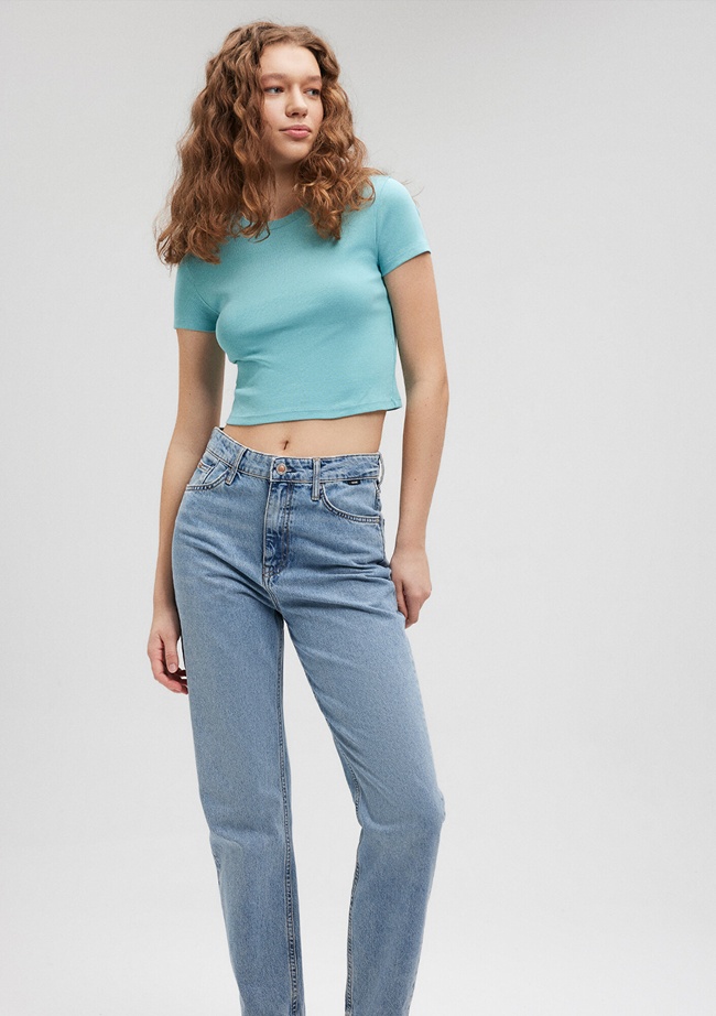  Mavi Yeşil Basic Tişört Crop / Kısa Kesim 1600814-71463