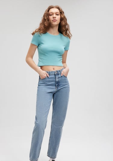  Mavi Yeşil Basic Tişört Crop / Kısa Kesim 1600814-71463