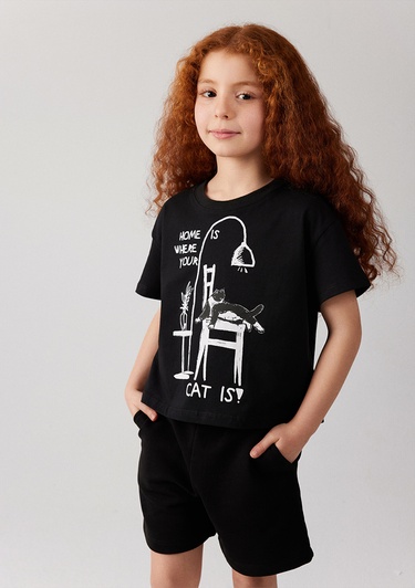  Mavi Kedi Baskılı Siyah Crop Tişört Crop / Kısa Kesim 7610184-900