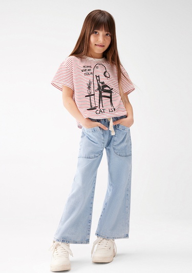  Mavi Kedi Baskılı Kırmızı Çizgili Crop Tişört Crop / Kısa Kesim 7610185-85930