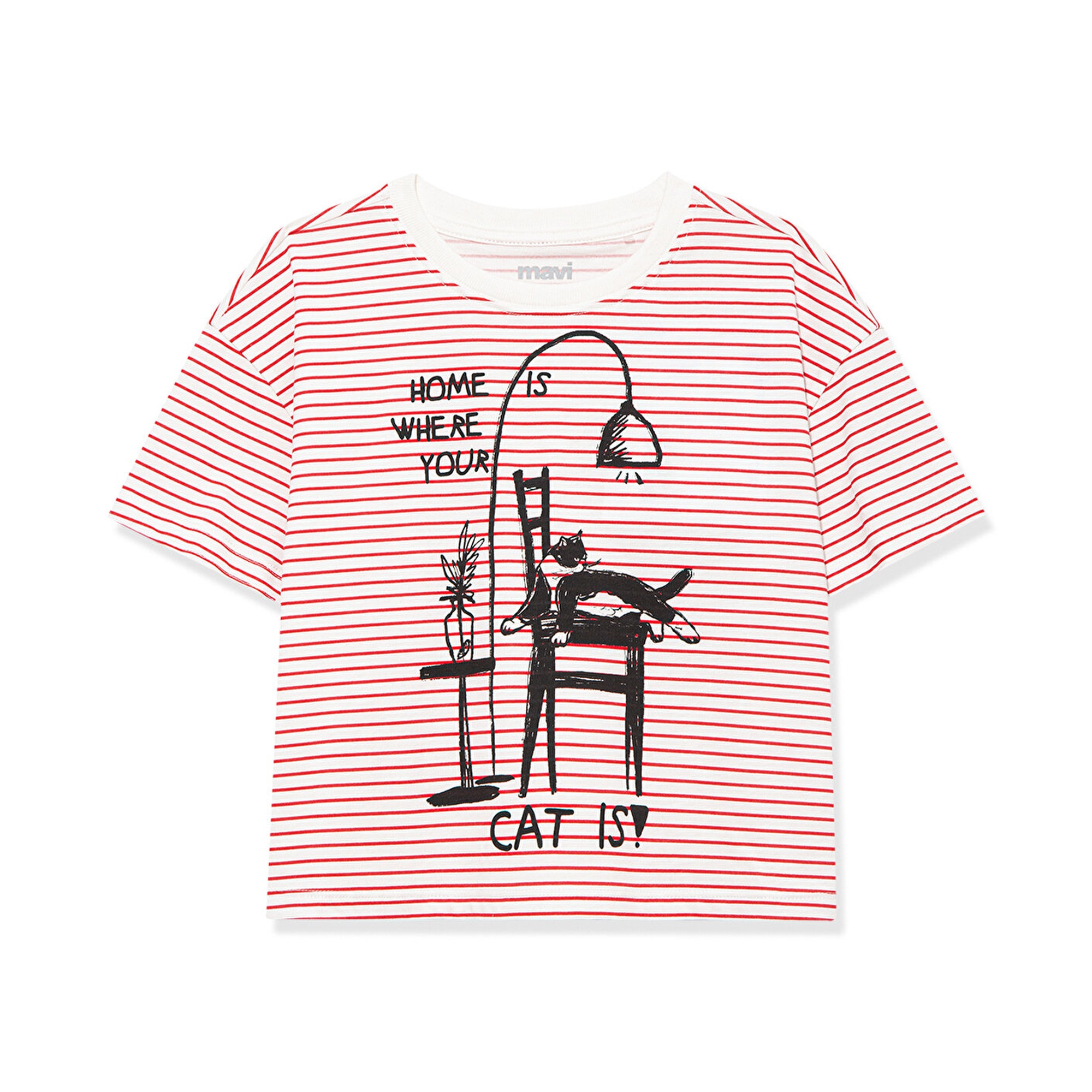 Mavi Kedi Baskılı Kırmızı Çizgili Crop Tişört Crop / Kısa Kesim 7610185-85930