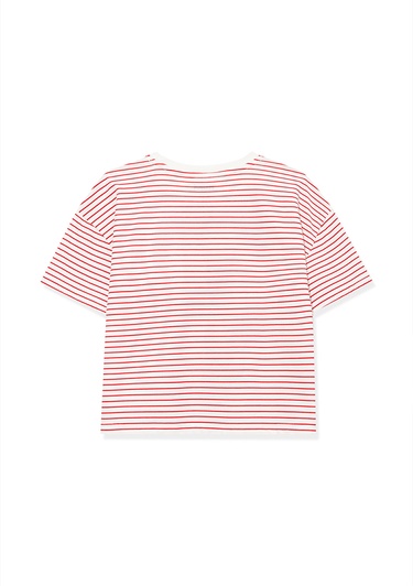  Mavi Kedi Baskılı Kırmızı Çizgili Crop Tişört Crop / Kısa Kesim 7610185-85930