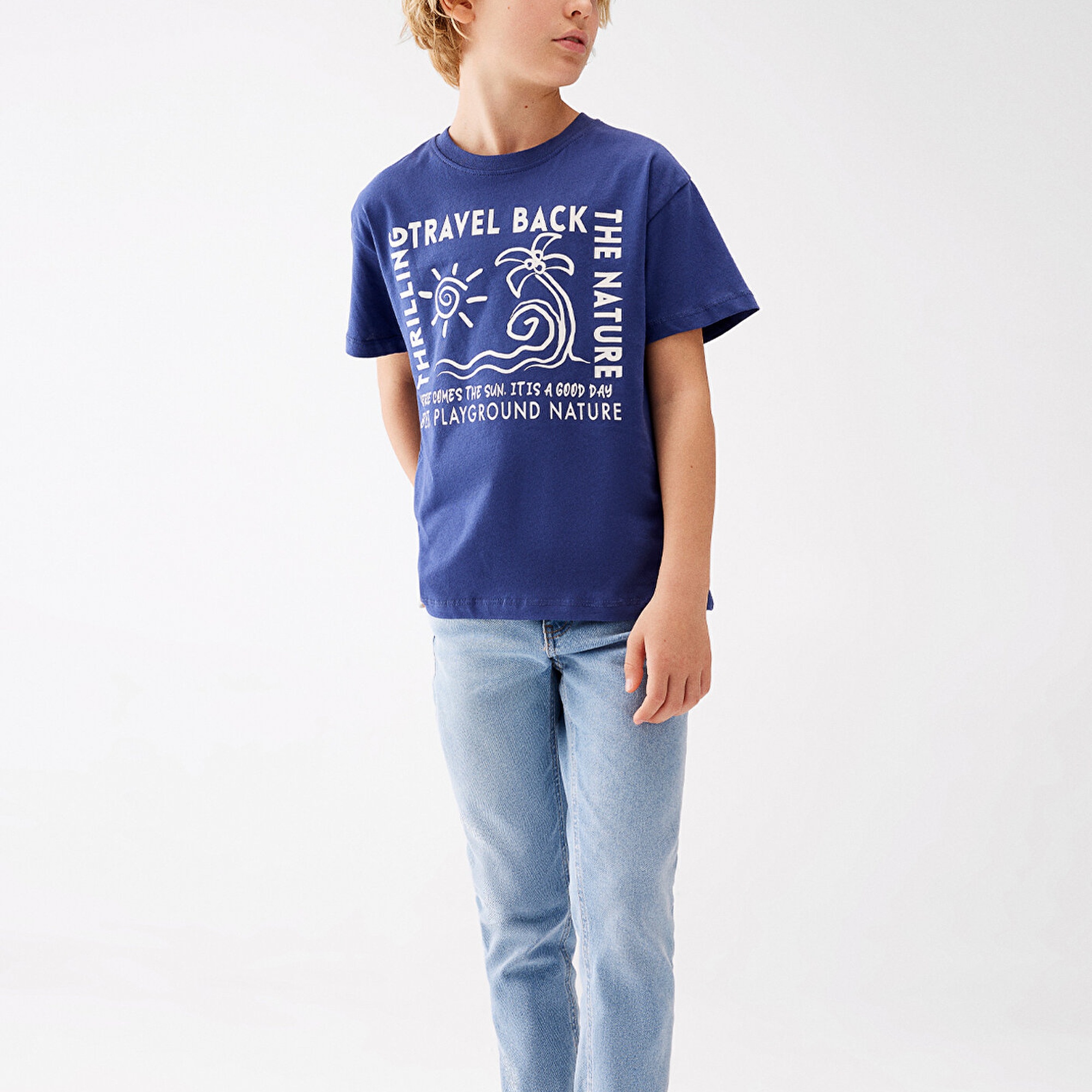 Mavi Baskılı Lacivert Tişört Loose Fit / Bol Rahat Kesim 6610179-70723