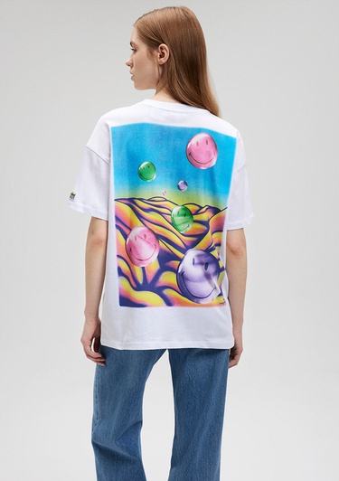  Mavi Smiley Originals Baskılı Beyaz Tişört Loose Fit / Bol Rahat Kesim 1612433-620