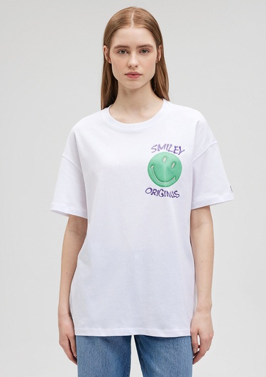 Mavi Smiley Originals Baskılı Beyaz Tişört Loose Fit / Bol Rahat Kesim 1612433-620