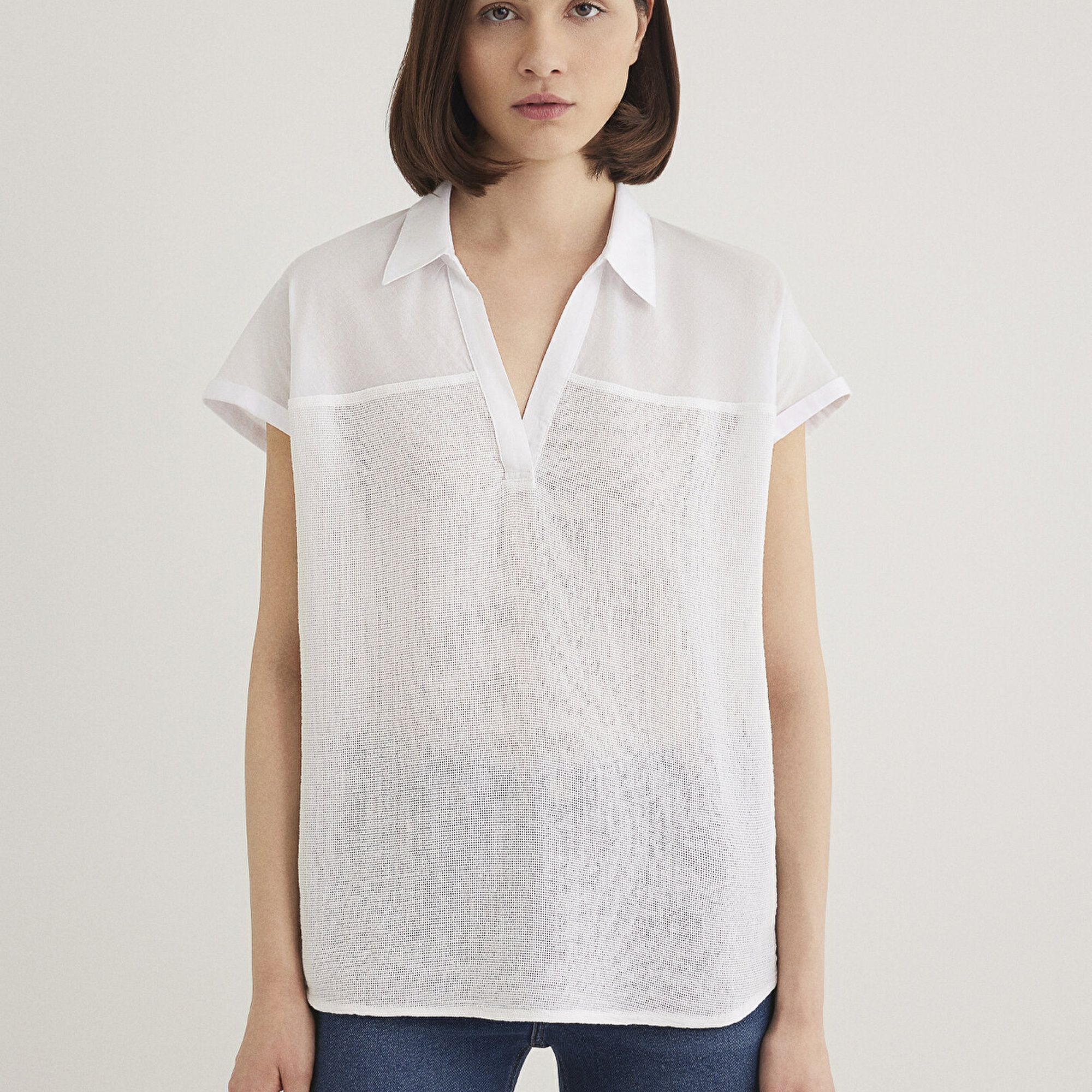 Mavi Kısa Kollu Beyaz Bluz 1210801-620