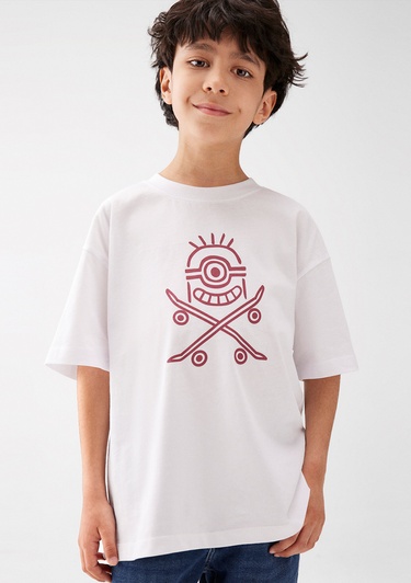  Mavi Minion Baskılı Beyaz Tişört Oversize / Geniş Kesim 6610166-620