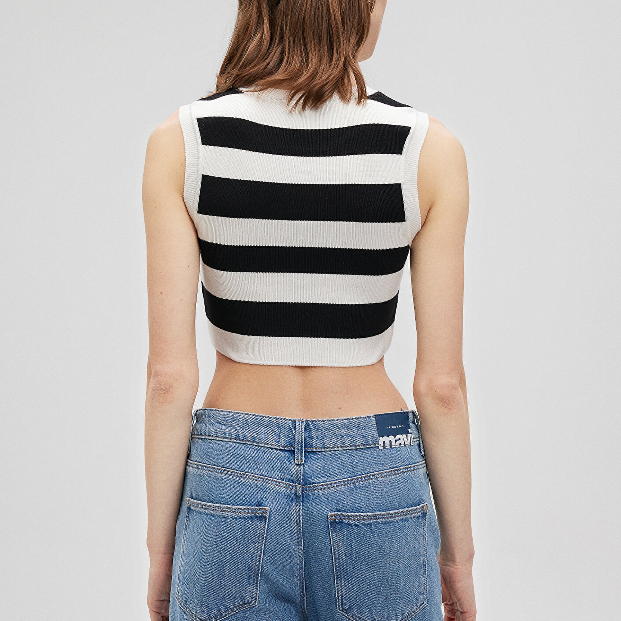 Mavi Çizgili Crop Triko Top Fitted / Vücuda Oturan Kesim 1710098-85407