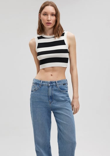  Mavi Çizgili Crop Triko Top Fitted / Vücuda Oturan Kesim 1710098-85407