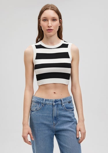  Mavi Çizgili Crop Triko Top Fitted / Vücuda Oturan Kesim 1710098-85407