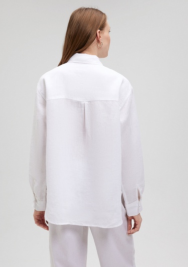  Mavi Beyaz Keten Gömlek Loose Fit / Bol Rahat Kesim 1210747-620