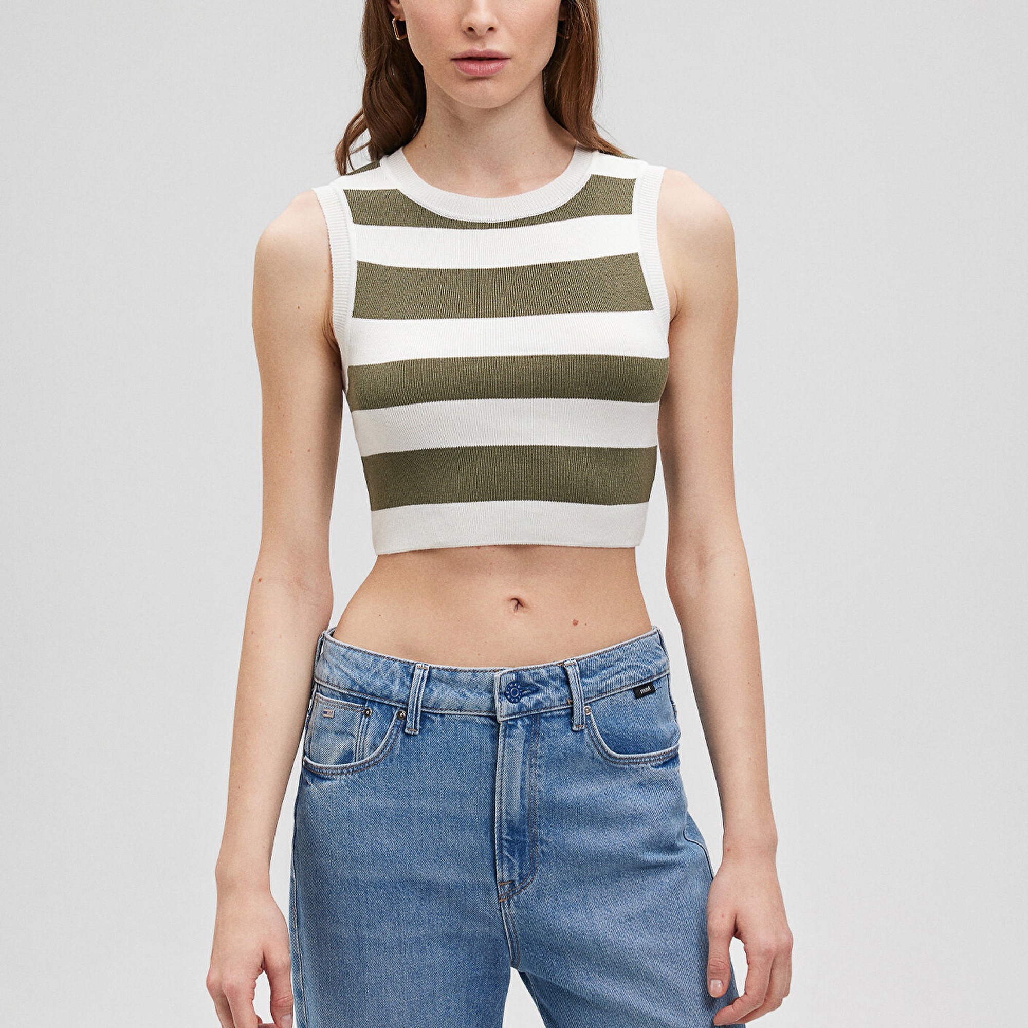 Mavi Çizgili Crop Triko Top Fitted / Vücuda Oturan Kesim 1710098-87120