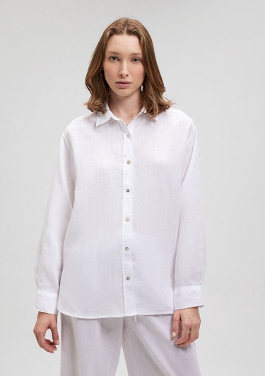  Mavi Beyaz Keten Gömlek Loose Fit / Bol Rahat Kesim 1210747-620