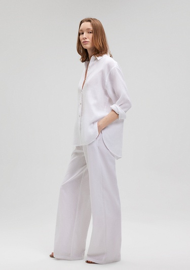  Mavi Beyaz Keten Gömlek Loose Fit / Bol Rahat Kesim 1210747-620