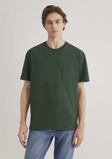  Mavi Cep Detaylı Yeşil Basic Tişört Loose Fit / Bol Rahat Kesim 066248-81570
