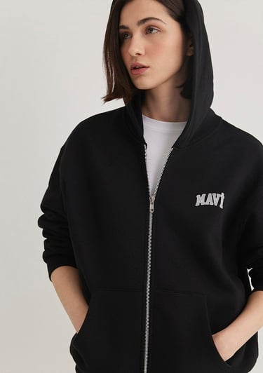  Mavi Mavi Logo Baskılı Kapüşonlu Fermuarlı Siyah Sweatshirt 1S10178-900