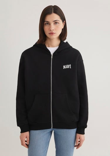  Mavi Mavi Logo Baskılı Kapüşonlu Fermuarlı Siyah Sweatshirt 1S10178-900