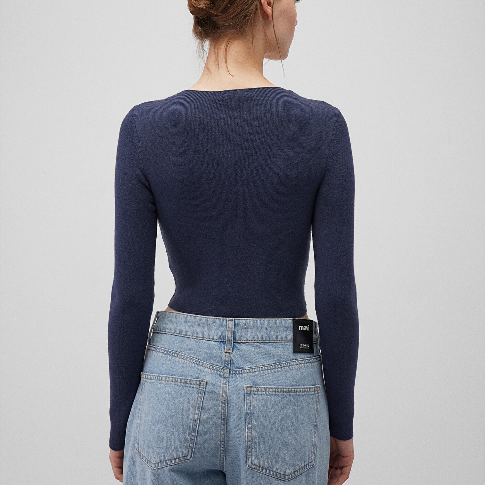 Mavi V Yaka Lacivert Kazak Crop / Kısa Kesim 1710122-70487