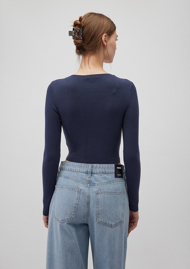  Mavi V Yaka Lacivert Kazak Crop / Kısa Kesim 1710122-70487