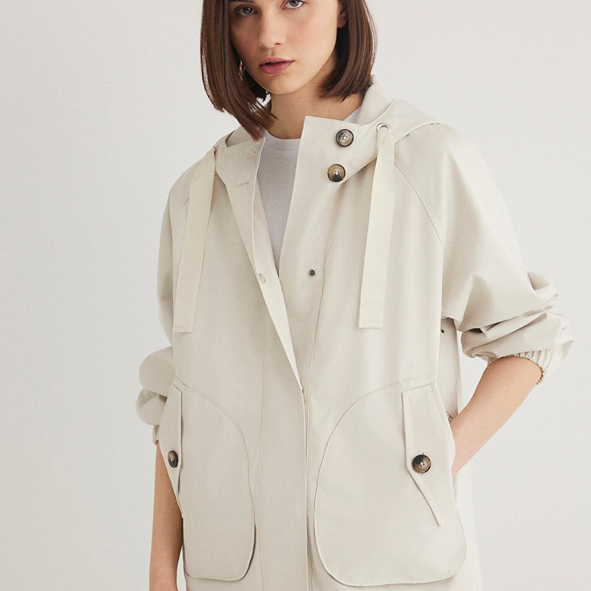 Mavi Kapüşonlu Bej Ceket Loose Fit / Bol Rahat Kesim 1110014-70134