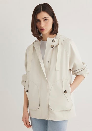  Mavi Kapüşonlu Bej Ceket Loose Fit / Bol Rahat Kesim 1110014-70134