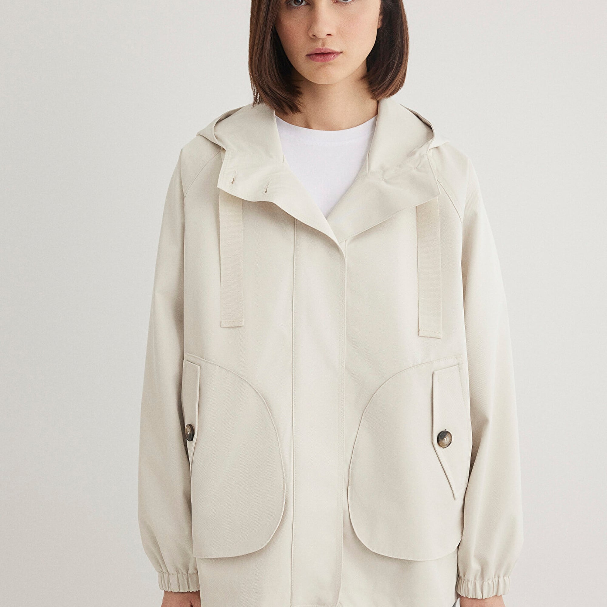 Mavi Kapüşonlu Bej Ceket Loose Fit / Bol Rahat Kesim 1110014-70134