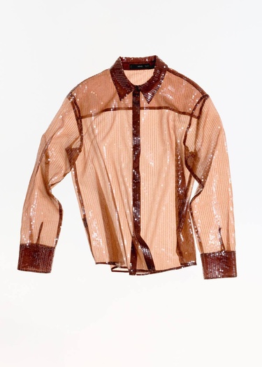  Mango Kadın Yarı Transparan Pullu Gömlek Kahverengi