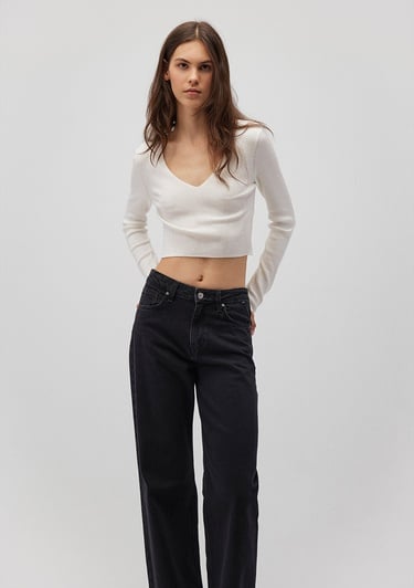  Mavi V Yaka Beyaz Kazak Crop / Kısa Kesim 1710122-81964