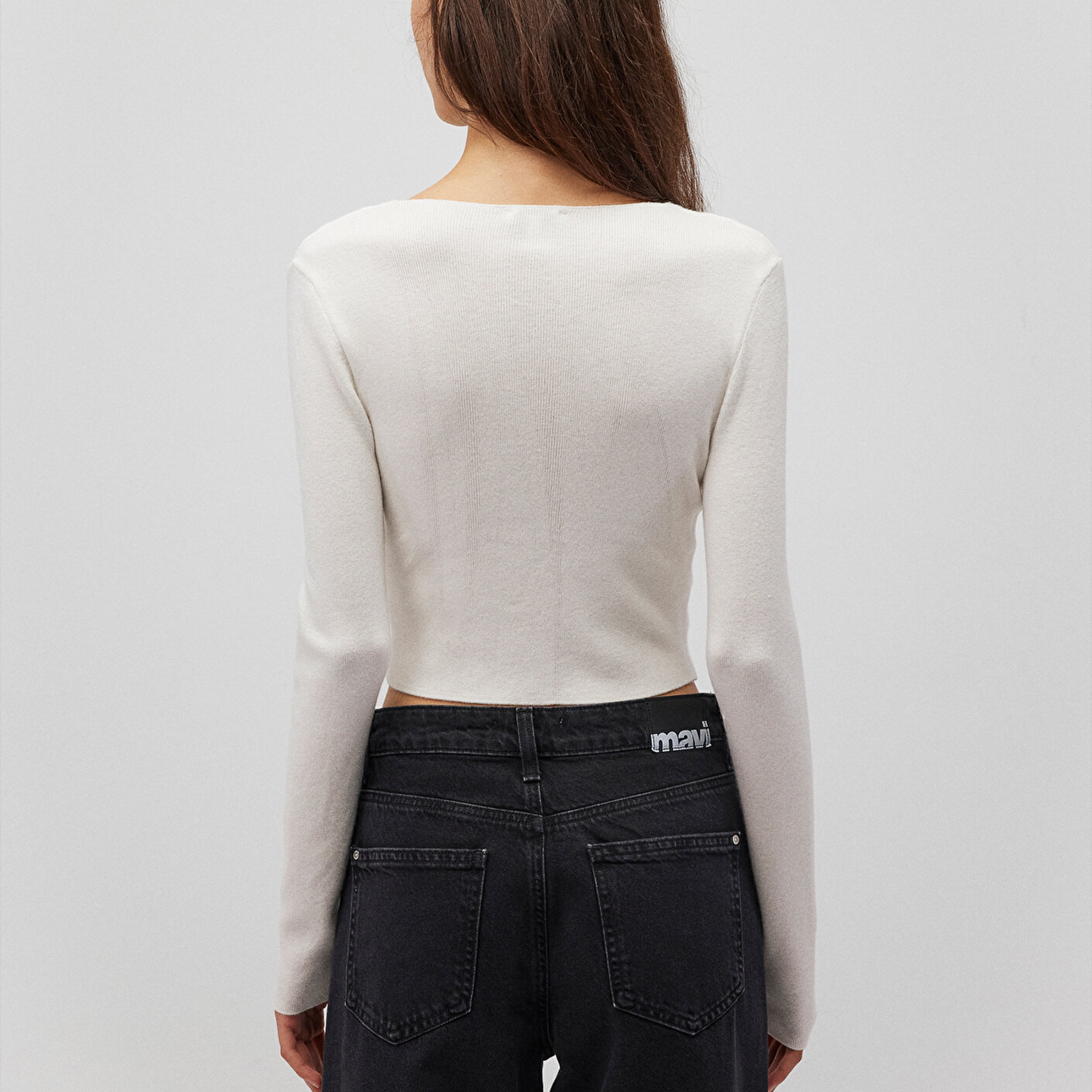 Mavi V Yaka Beyaz Kazak Crop / Kısa Kesim 1710122-81964