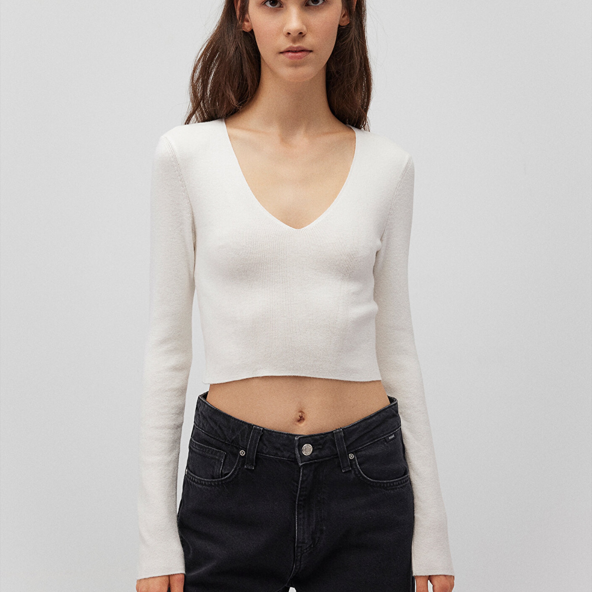 Mavi V Yaka Beyaz Kazak Crop / Kısa Kesim 1710122-81964