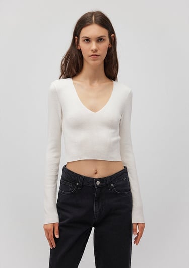  Mavi V Yaka Beyaz Kazak Crop / Kısa Kesim 1710122-81964