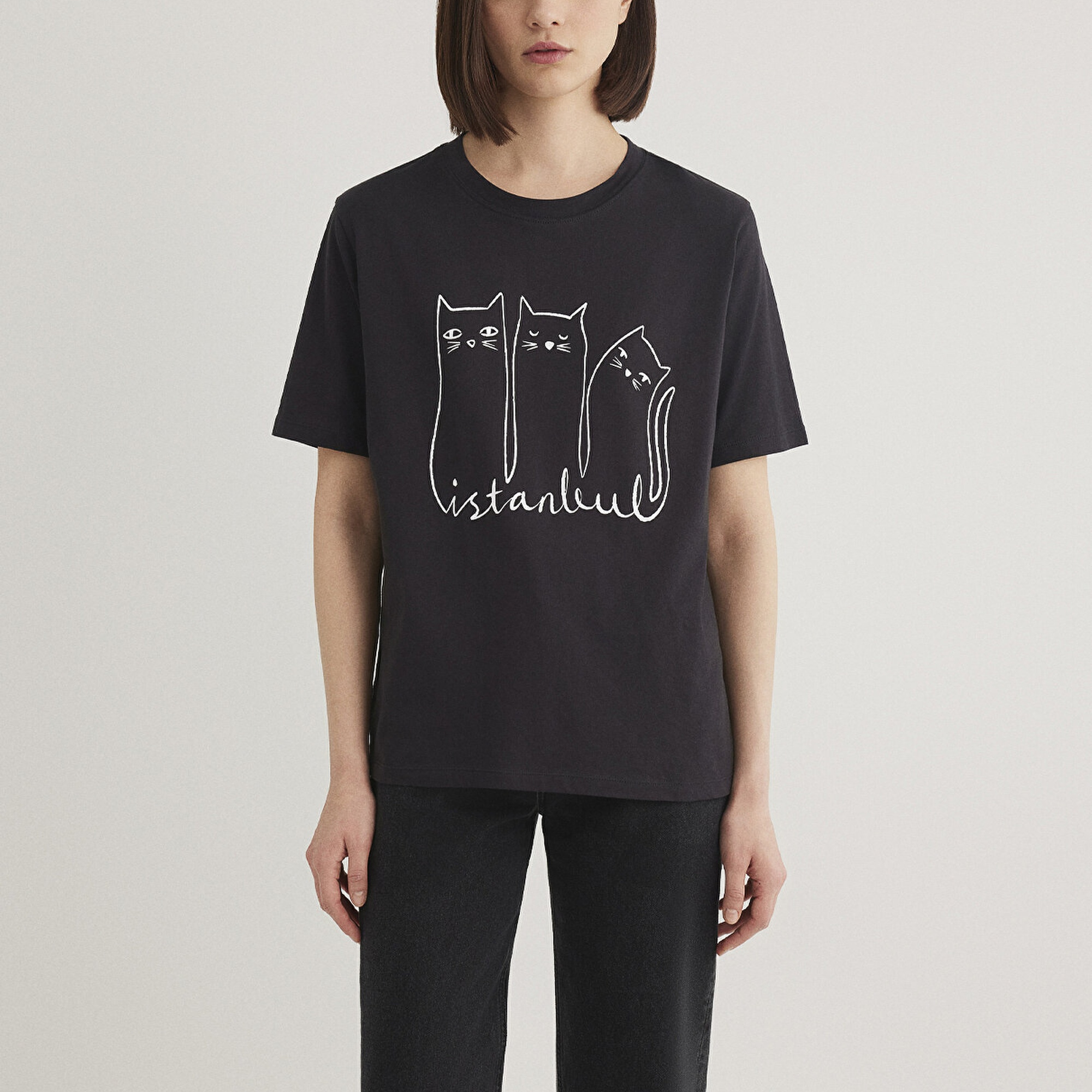 Mavi Kedi Baskılı Siyah İstanbul Tişört Regular Fit / Normal Kesim 1610674-70087