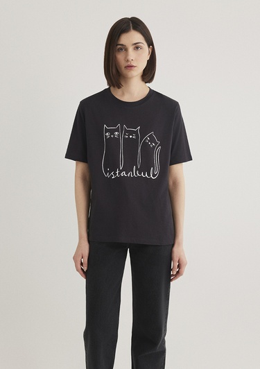  Mavi Kedi Baskılı Siyah İstanbul Tişört Regular Fit / Normal Kesim 1610674-70087