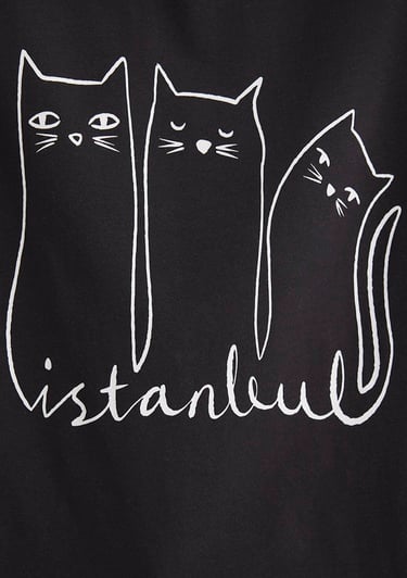  Mavi Kedi Baskılı Siyah İstanbul Tişört Regular Fit / Normal Kesim 1610674-70087