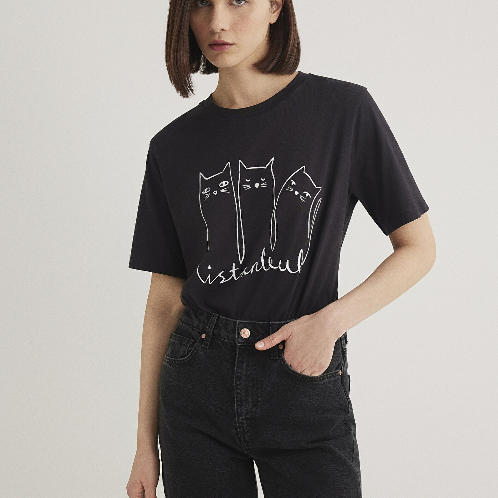 Mavi Kedi Baskılı Siyah İstanbul Tişört Regular Fit / Normal Kesim 1610674-70087