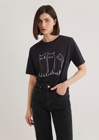  Mavi Kedi Baskılı Siyah İstanbul Tişört Regular Fit / Normal Kesim 1610674-70087