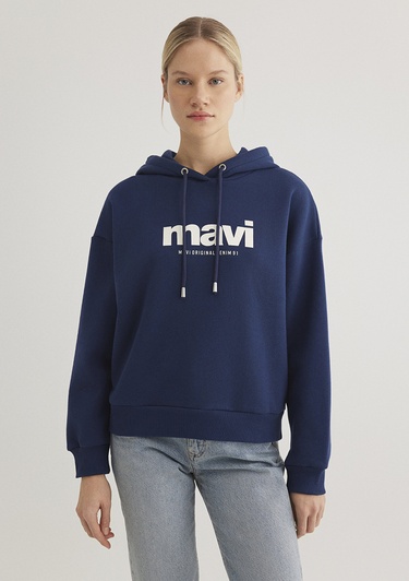  Mavi Mavi Logo Baskılı Kapüşonlu Lacivert Sweatshirt 168334-70488