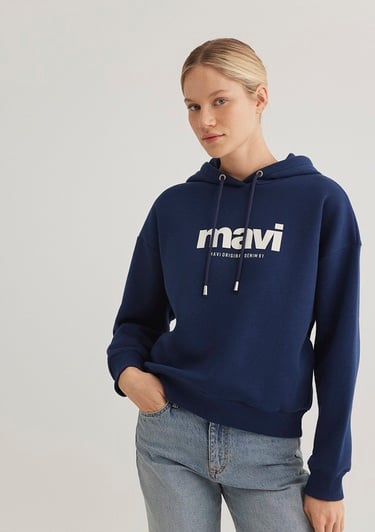  Mavi Mavi Logo Baskılı Kapüşonlu Lacivert Sweatshirt 168334-70488