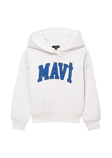  Mavi Mavi Logo Baskılı Beyaz Kapüşonlu Sweatshirt 6610110-70057