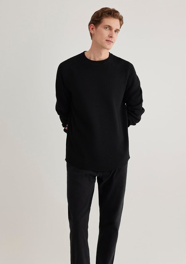  Mavi Uzun Kollu Dokulu Siyah Basic Tişört Slim Fit / Dar Kesim 0610106-900